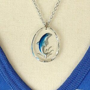 NEW 80s Vintage Reverse Carved Dolphin Crystal Necklace